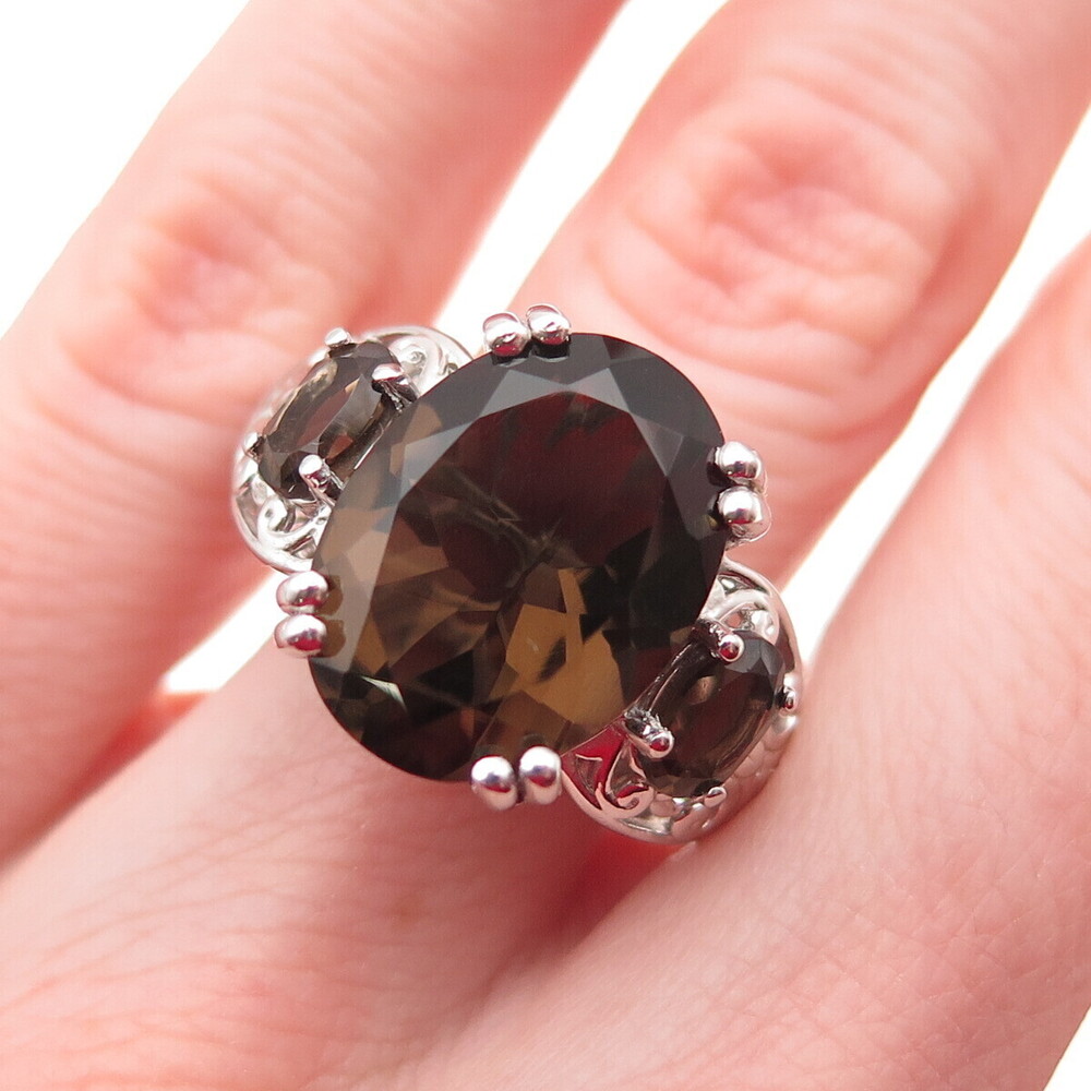 D'Joy 925 Sterling Silver Real Oval-Cut Smoky Quartz Ring Size 6